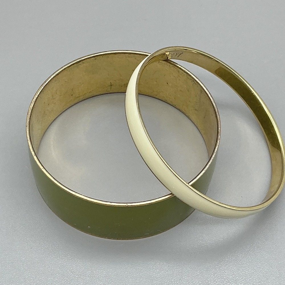 J. Crew Bracelet Set Of 2 Gold Tone Green Cream Enamel Bangle Womens Jewelry 7"‎